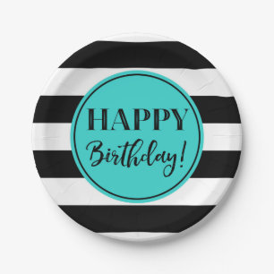 Plato De Papel Feliz cumpleaños Fiesta Turquoise Black White