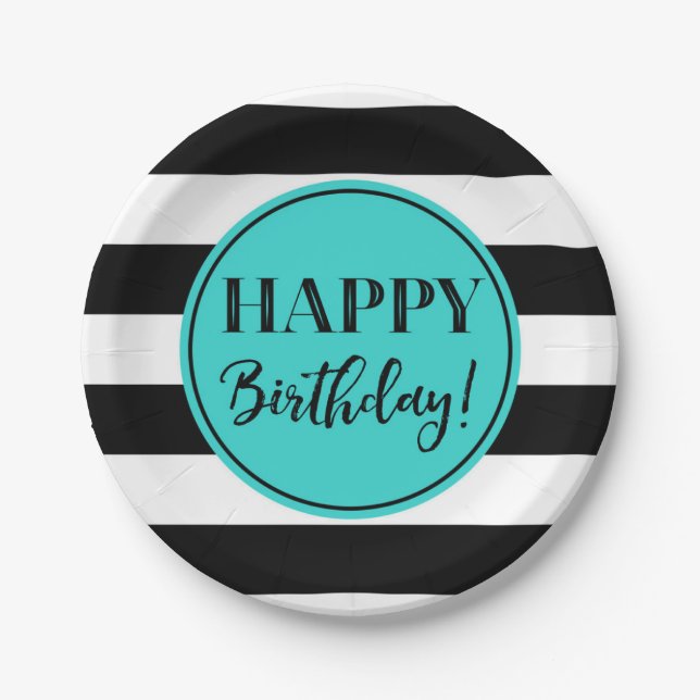 Plato De Papel Feliz cumpleaños Fiesta Turquoise Black White (Anverso)