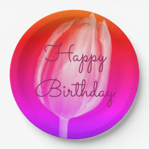 Plato De Papel Feliz cumpleaños flor colorida Tulipanes morado ro