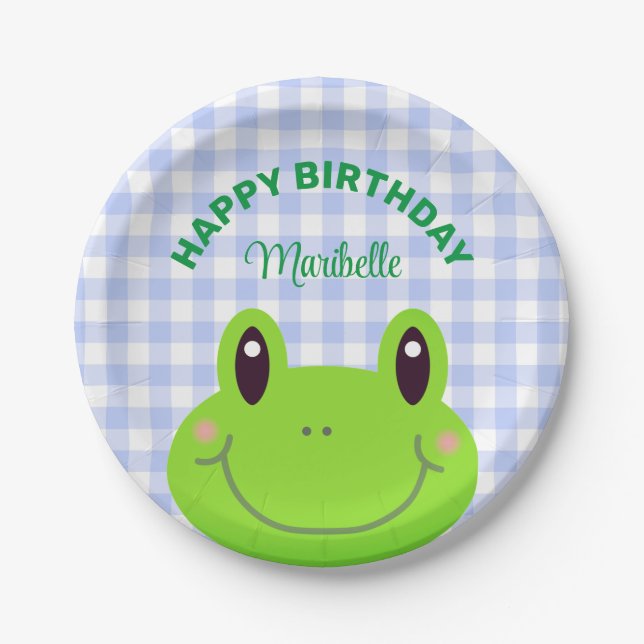 Plato De Papel Feliz cumpleaños Frog Cute Blue (Anverso)