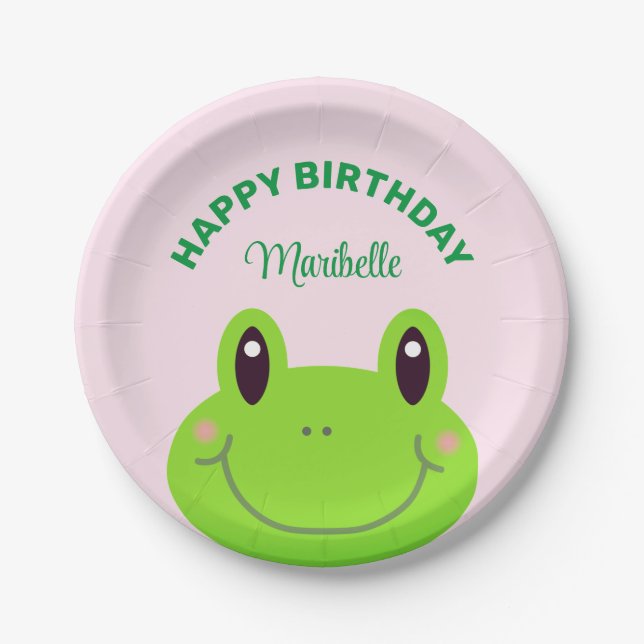 Plato De Papel Feliz cumpleaños Frog Cute Pink (Anverso)