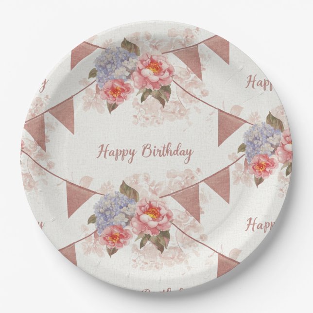 Plato De Papel ¡Feliz cumpleaños!, Garlands y flores Shabby Chic (Anverso)