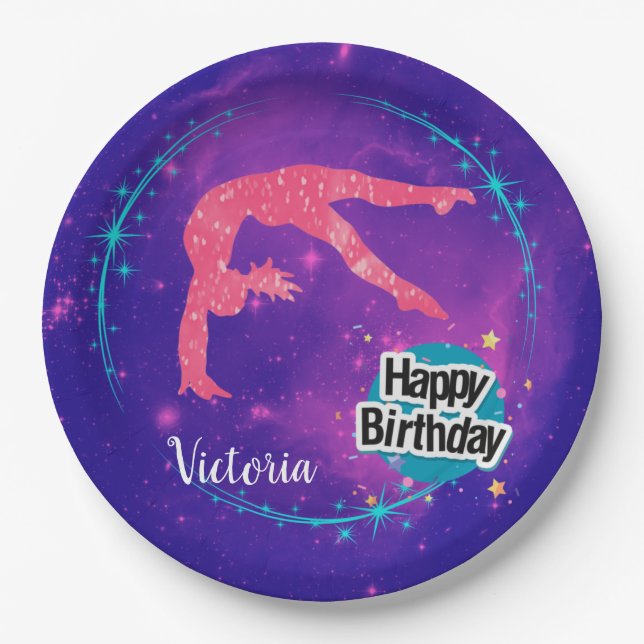 Plato De Papel Feliz cumpleaños Gimnasia galaxia tambaleante (Anverso)