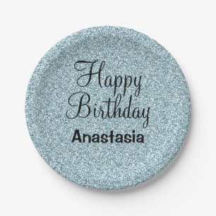 Plato De Papel Feliz Cumpleaños Glam Azul Plata Brillante Destell