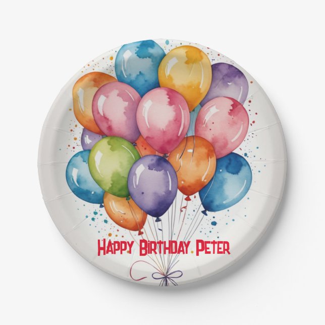 Plato De Papel Feliz cumpleaños, globos de papel Plate (Anverso)