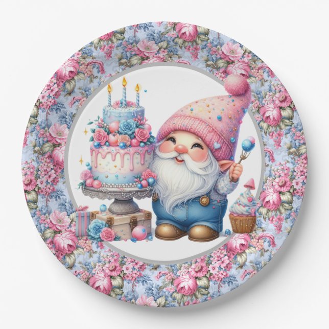 Plato De Papel Feliz cumpleaños Gnome (Anverso)