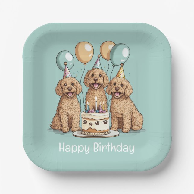 Plato De Papel Feliz cumpleaños Goldendoodle Dogs (Anverso)