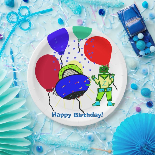 Plato De Papel Feliz cumpleaños Green Robot Boy Blue Spaceship (Fiesta)