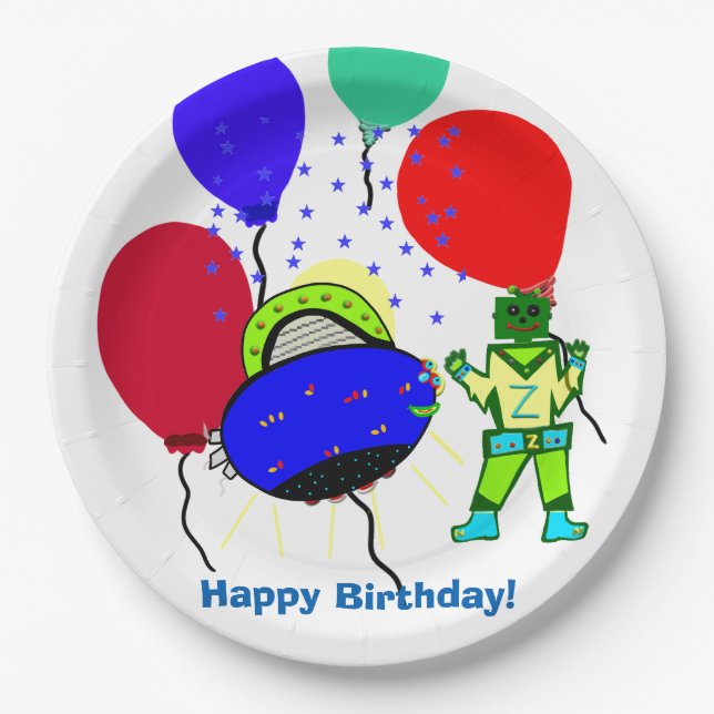 Plato De Papel Feliz cumpleaños Green Robot Boy Blue Spaceship (Anverso)
