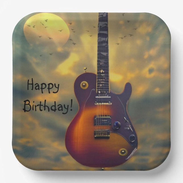 Plato De Papel Feliz cumpleaños, guitarra eléctrica (Anverso)