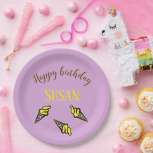 Plato De Papel Feliz cumpleaños, helado amarillo en morado