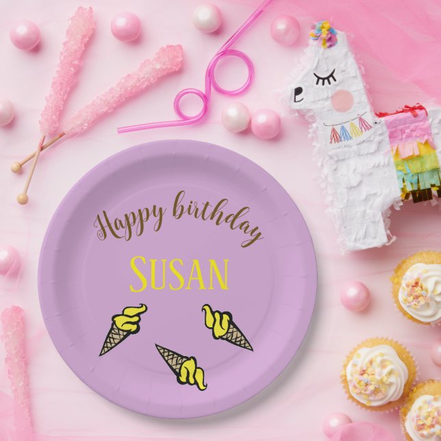 Plato De Papel Feliz cumpleaños, helado amarillo en morado (Fiesta)
