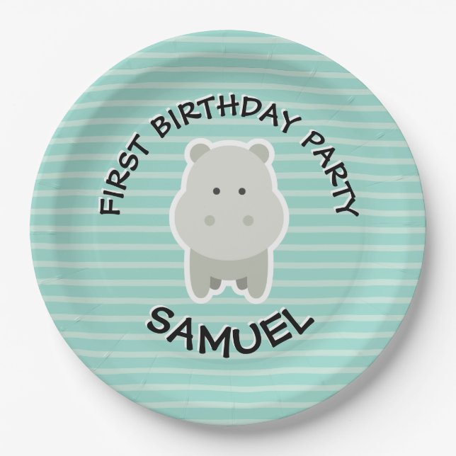 Plato De Papel Feliz cumpleaños Hippo Fiesta Animales (Anverso)