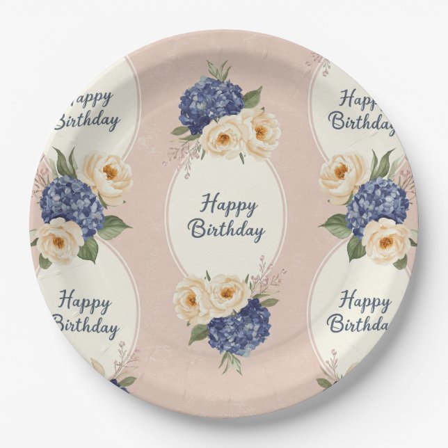 Plato De Papel Feliz cumpleaños, Hydrangeas y Peonies (Anverso)