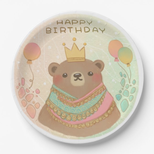 Plato De Papel Feliz cumpleaños Ilustracion Teddy Bear (Anverso)