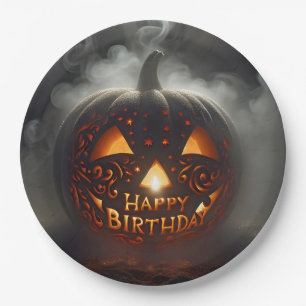 Plato De Papel Feliz Cumpleaños Jack-o-lantern En Humo