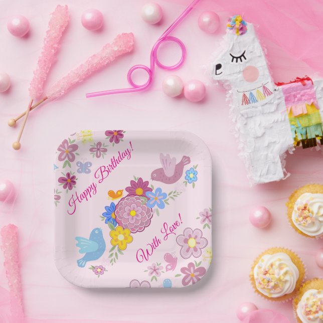 Plato De Papel Feliz Cumpleaños Jardín de Flores Silvestres Patró (Fiesta)