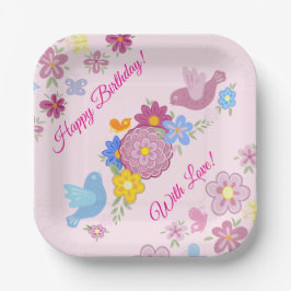 Plato De Papel Feliz Cumpleaños Jardín de Flores Silvestres Patró