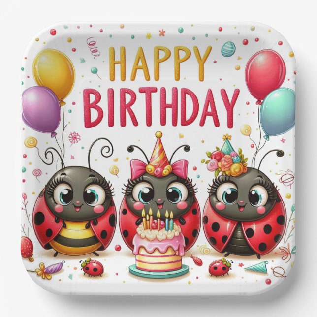 Plato De Papel Feliz cumpleaños Ladybugs (Anverso)