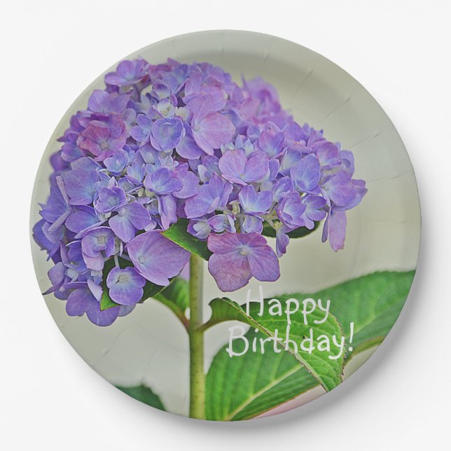 Plato De Papel Feliz cumpleaños Lavanda Hydrangea (Anverso)