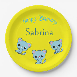 Plato De Papel Feliz cumpleaños lindos gatitos azules amarillos