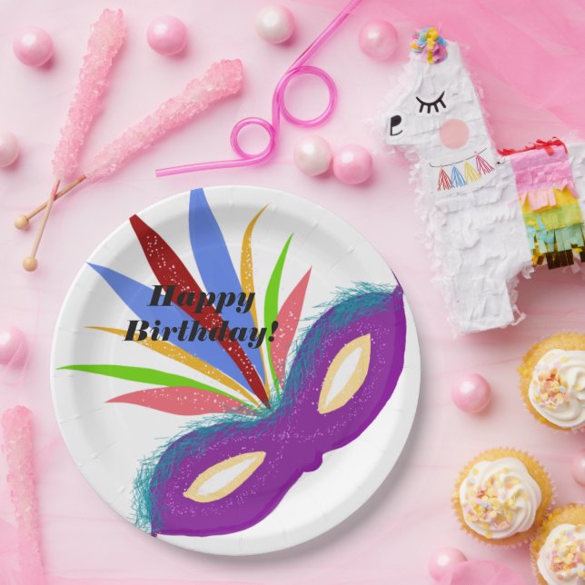 Plato De Papel Feliz cumpleaños Máscara de Mascarada Púrpura (Fiesta)
