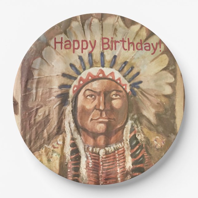 Plato De Papel Feliz Cumpleaños Masculina Sitting Bull (Anverso)