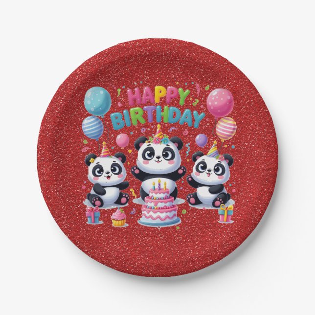Plato De Papel Feliz cumpleaños, mis tres pandas, (Anverso)