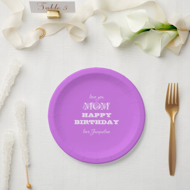 Plato De Papel Feliz cumpleaños, Moda de mamá guión elegante viol (Boda)