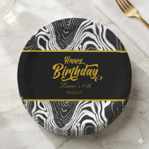 Feliz Cumpleaños Moderno Negro y Dorado Agata