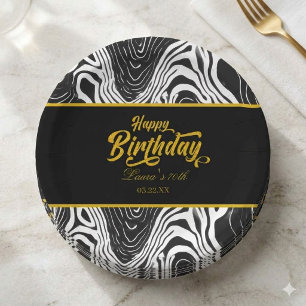 Plato De Papel Feliz Cumpleaños Moderno Negro y Dorado Agata