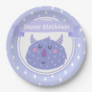 Plato De Papel ¡Feliz cumpleaños! Monstruo Cute Purple