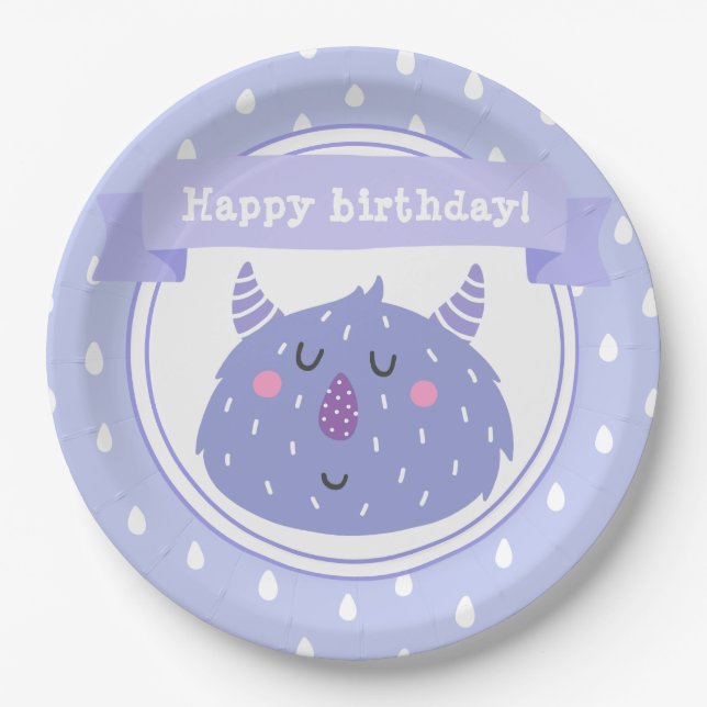 Plato De Papel ¡Feliz cumpleaños! Monstruo Cute Purple (Anverso)