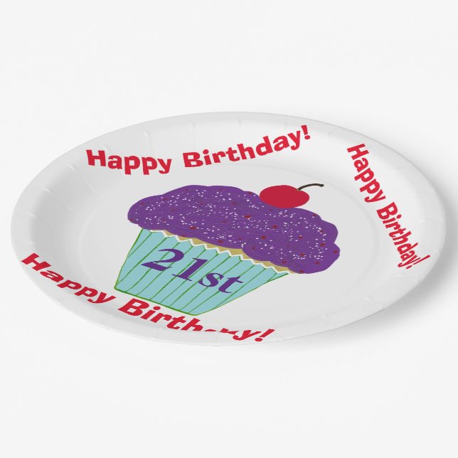 Plato De Papel Feliz cumpleaños Morado Frosting Cherry Cupcake (Angular)