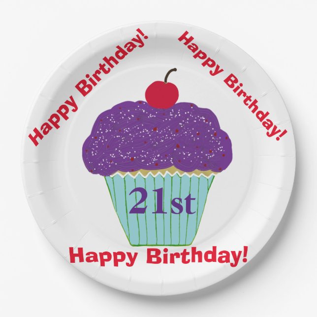 Plato De Papel Feliz cumpleaños Morado Frosting Cherry Cupcake (Anverso)