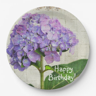 Plato De Papel Feliz cumpleaños morado Hydrangea