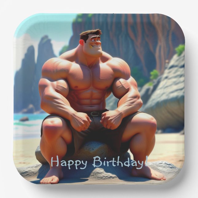Plato De Papel Feliz cumpleaños Muscleman (Anverso)