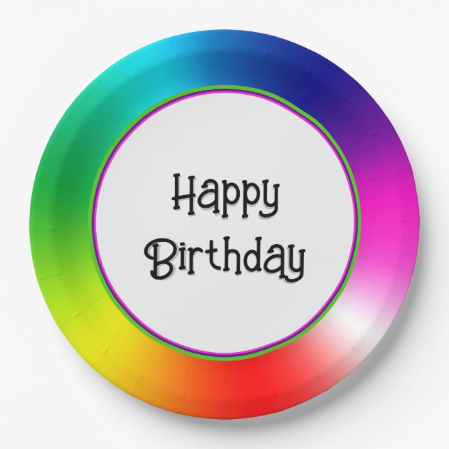 Plato De Papel Feliz cumpleaños Neon Rainbow Vortex (Anverso)