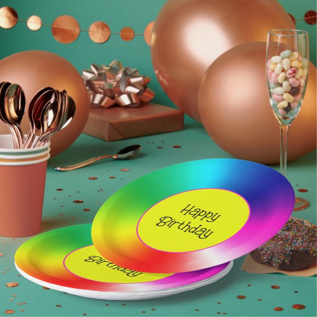 Plato De Papel Feliz cumpleaños Neon Rainbow Vortex (Multi)