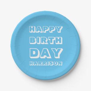 Plato De Papel Feliz cumpleaños nombre personalizado azul claro m
