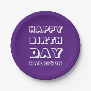 Plato De Papel Feliz cumpleaños nombre personalizado morado moder