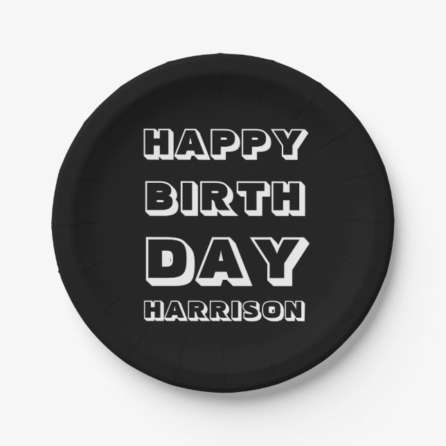 Plato De Papel Feliz cumpleaños nombre personalizado negro blanco (Anverso)