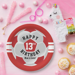 Plato De Papel Feliz cumpleaños número 00 - bola de fútbol rojo