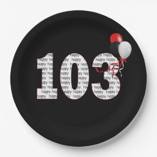Plato De Papel Feliz cumpleaños número 103 en placa de papel negr