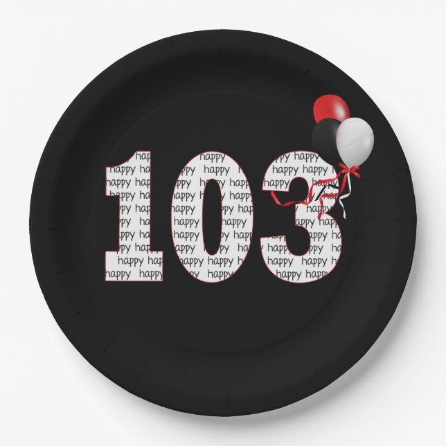 Plato De Papel Feliz cumpleaños número 103 en placa de papel negr (Anverso)