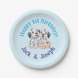 Plato De Papel Feliz cumpleaños número 1 a gemelos, Perritos Lind