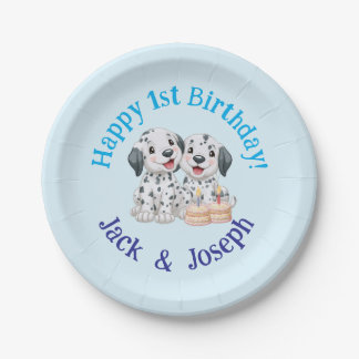 Plato De Papel Feliz cumpleaños número 1 a gemelos, Perritos Lind