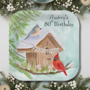 Plato De Papel Feliz cumpleaños número 80 pájaros en pajarera