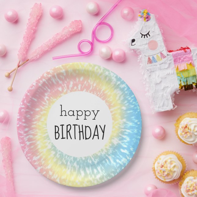 Plato De Papel Feliz cumpleaños Pastel Tie Dye Hippie Swirl (Fiesta)