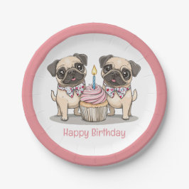 Plato De Papel Feliz cumpleaños, pastelito de perros pug